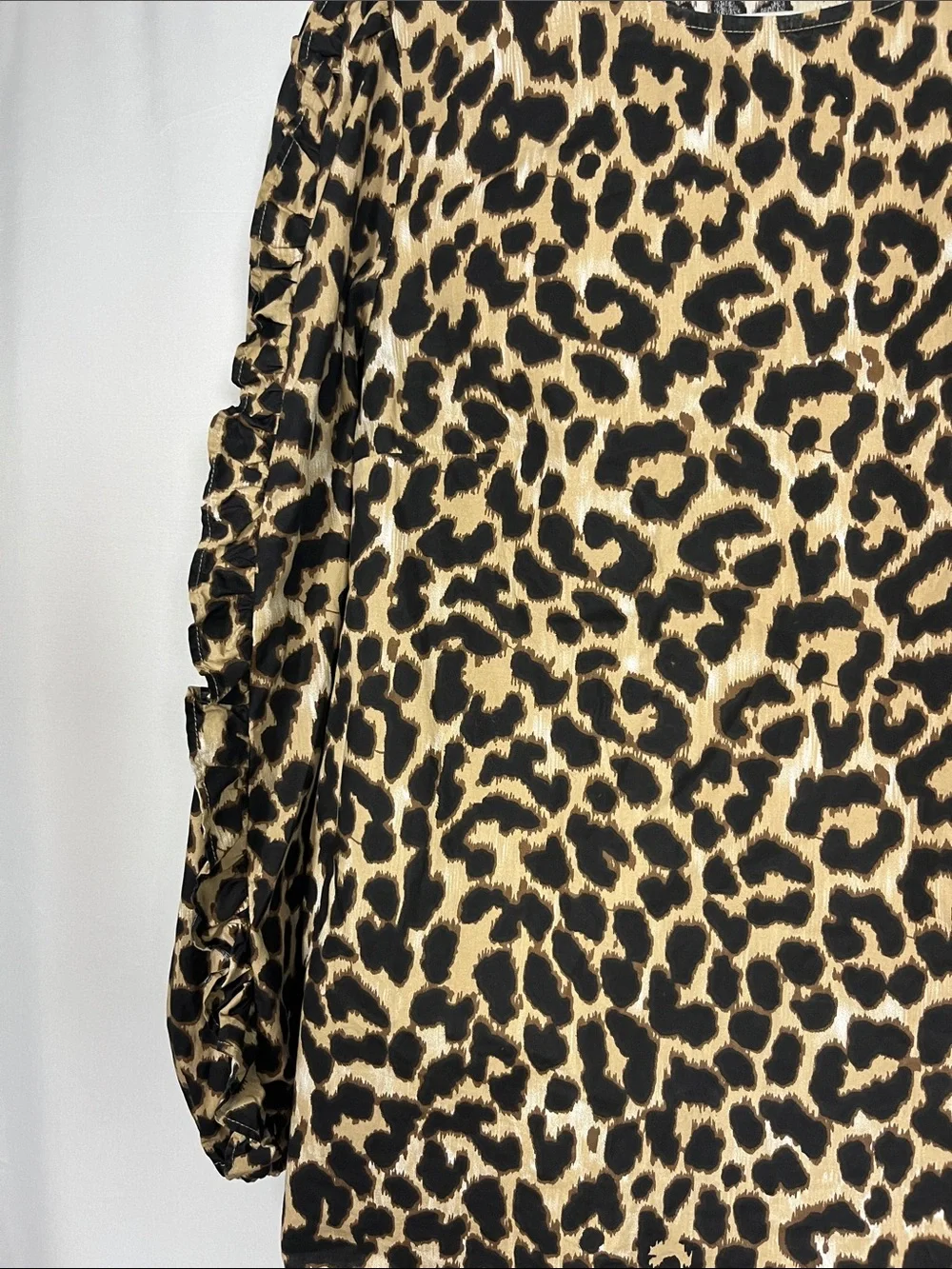 J crew cotton poplin leopard print ruffle long sleeve top size xs